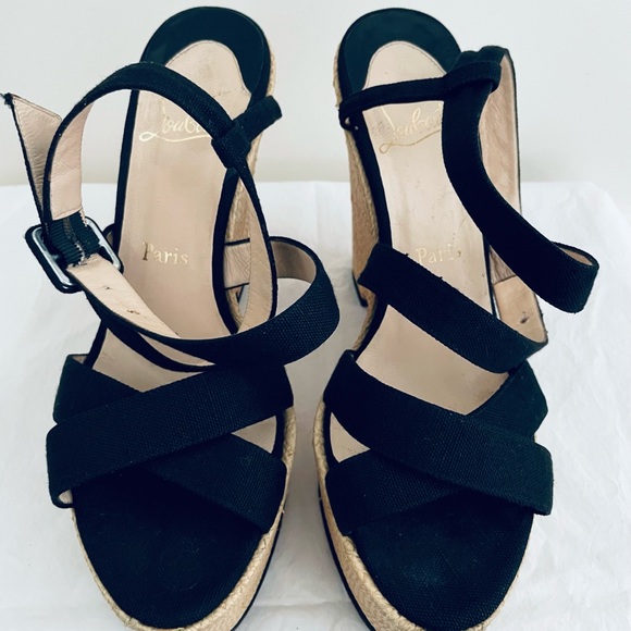 Authenticated Christian Louboutin Platform Wedges Black with Raffia EU 39 - Picture 3 of 12